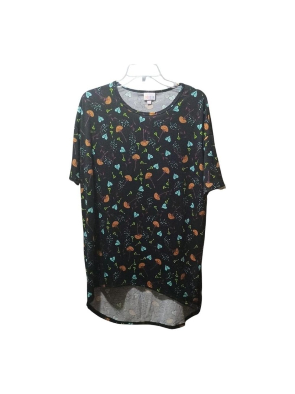 NWT LuLaroe Irma Black Floral Tunic Top Soft tshirt fabric mushrooms Size XXS